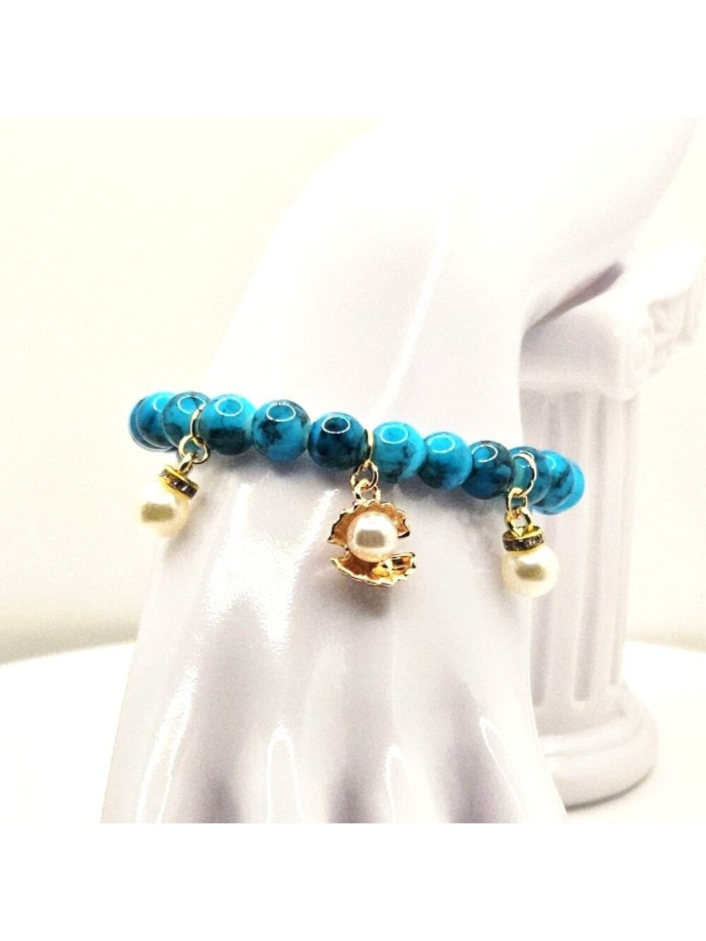 Turquoise Color, Faux Pearl Bracelet, Coastal Charm Bracelet, Beach Jewelry Gift